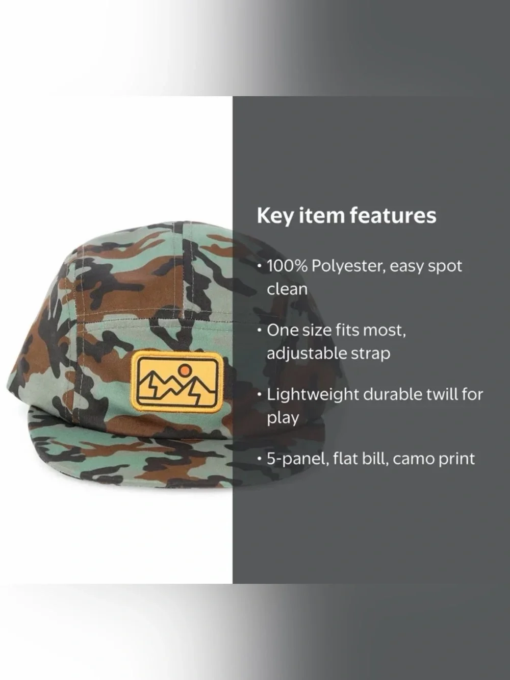 Boys Camo Print 5-Panel Hat with Mountain Patch NWOT One Size